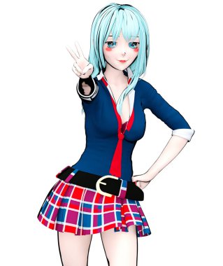3D seksi anime bebek Japon anime schoolgirl büyük mavi gözleri ve parlak makyaj. Etek kafes. Çizgi film, çizgi roman, kroki, çizim, manga çizim. Kavramsal moda sanat. Baştan çıkarıcı samimi poz.