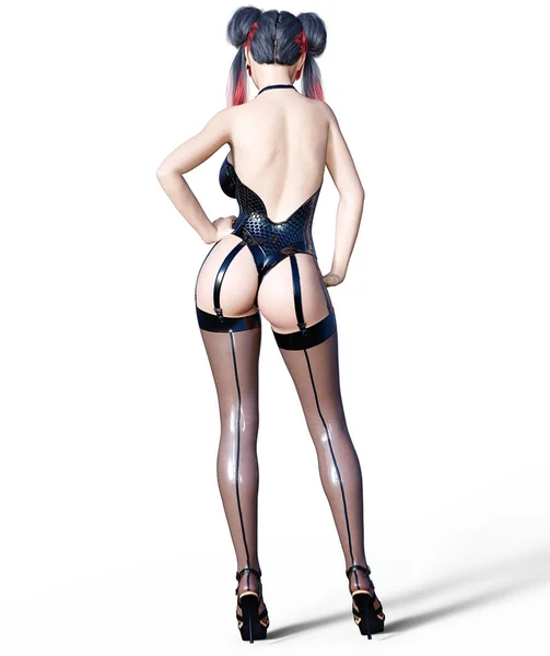 Beautiful Sexy Brunette Girl Black Latex Corset Stockings Minimalist Extravagant — Stock Photo, Image