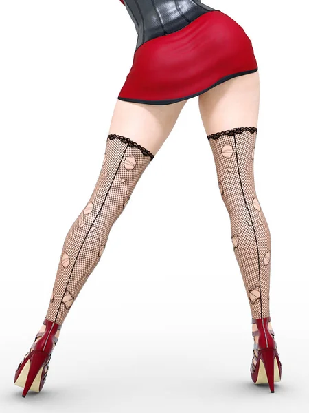 Long Slender Sexy Legs Woman Short Red Skirt Black Stockings — Stock Photo, Image