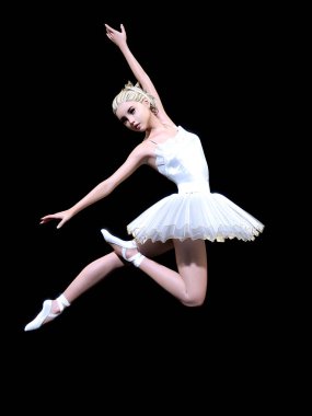 Dans eden balerin 3d. Beyaz bale tutu. Mavi gözlü sarışın kız. Bale dansçısı. Stüdyo fotoğrafçılığı. Yüksek anahtar. Kavramsal moda sanat. Gerçekçi çizim render. Siyah arka plan.