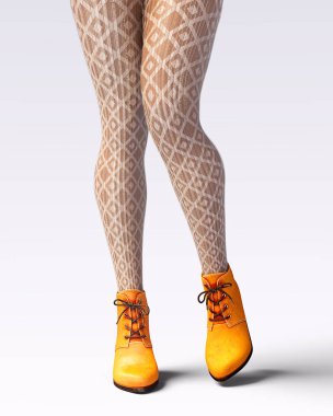 Güzel kadın bacaklar yün tozluk ve yarı-boncuk. Seksi ince kadın bacaklar botlar. Güz-bahar koleksiyonu. Baştan çıkarıcı poz. Kavramsal moda sanat. 3D render illüstrasyon. İzole.