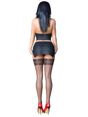 Siyah çorap uzun saçlı seksi esmer Sekreter. Gözlük stand ofis müstehcen poz güzel kızla. Gerçekçi 3d render illüstrasyon izole.