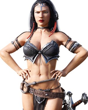 Savaşçı amazon kadını kılıç ile. Uzun siyah saçlı. Kaslı atletik vücut. Kız ayakta samimi kışkırtıcı agresif poz. Kavramsal moda sanat. Gerçekçi 3d render illüstrasyon izole et. Merhaba anahtar.