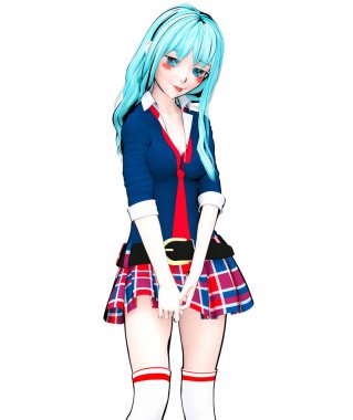 D seksi anime bebek Japon anime schoolgirl büyük mavi gözleri ve parlak makyaj. Etek kafes. Çizgi film, çizgi roman, kroki, çizim, manga çizim. Kavramsal moda sanat. Baştan çıkarıcı samimi poz.