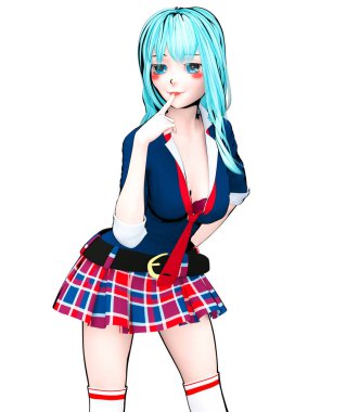 D seksi anime bebek Japon anime schoolgirl büyük mavi gözleri ve parlak makyaj. Etek kafes. Çizgi film, çizgi roman, kroki, çizim, manga çizim. Kavramsal moda sanat. Baştan çıkarıcı samimi poz.