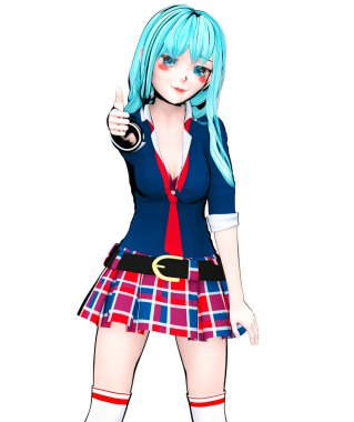 D seksi anime bebek Japon anime schoolgirl büyük mavi gözleri ve parlak makyaj. Etek kafes. Çizgi film, çizgi roman, kroki, çizim, manga çizim. Kavramsal moda sanat. Baştan çıkarıcı samimi poz.