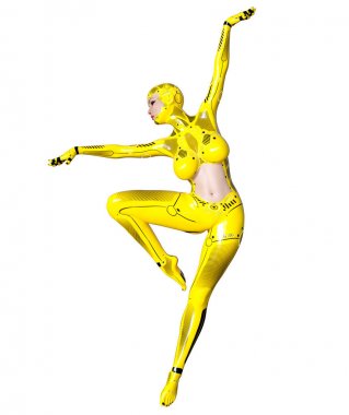 Dans eden robot kadın. Kadının yüzüne ile sarı metal droid. Yapay zeka. Kavramsal moda sanat. Gerçekçi 3d render illüstrasyon. Stüdyo, ayrı tutma, yüksek anahtar.
