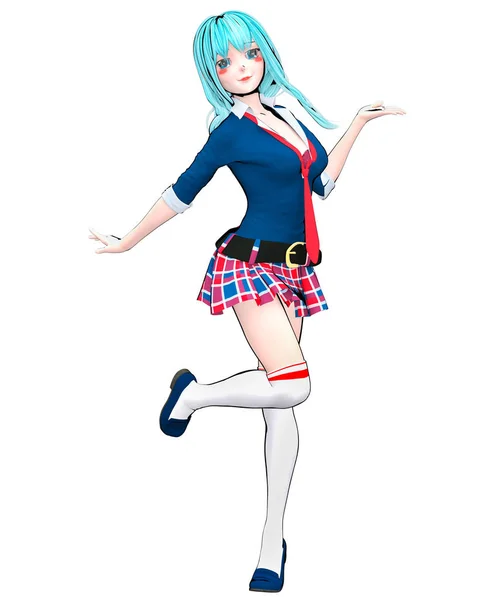 セクシーなキャラクター人形アニメ女子高生は大きな青い目と明るいメイク スカート ケージ スケッチ イラスト 概念的なファッション アート 魅惑的な率直なポーズ — ストック写真