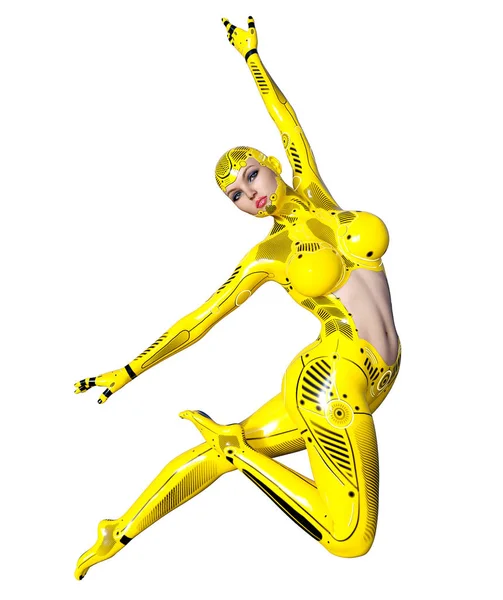 Tanzende Roboterfrau Gelber Metalldroid Mit Frauengesicht Künstliche Intelligenz Konzeptuelle Modekunst — Stockfoto