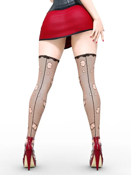Długie Smukłe Nogi Sexy Kobieta Krótka Spódniczka Czerwona Czarne Pończochy — Zdjęcie stockowe