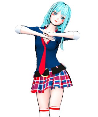 3D seksi anime bebek Japon anime schoolgirl büyük mavi gözleri ve parlak makyaj. Etek kafes. Çizgi film, çizgi roman, kroki, çizim, manga çizim. Kavramsal moda sanat. Baştan çıkarıcı samimi poz.