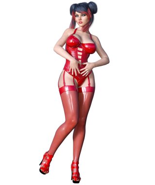 3D güzel seksi esmer kız kırmızı lateks çorap korse. Minimalist abartılı kıyafetler gelecek. Kadın stüdyo fotoğrafçılığı. Yüksek topuk. Kavramsal moda sanat. Baştan çıkarıcı samimi poz. Çizim oluşturma