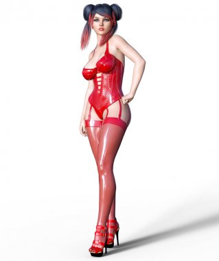 3D güzel seksi esmer kız kırmızı lateks çorap korse. Minimalist abartılı kıyafetler gelecek. Kadın stüdyo fotoğrafçılığı. Yüksek topuk. Kavramsal moda sanat. Baştan çıkarıcı samimi poz. Çizim oluşturma