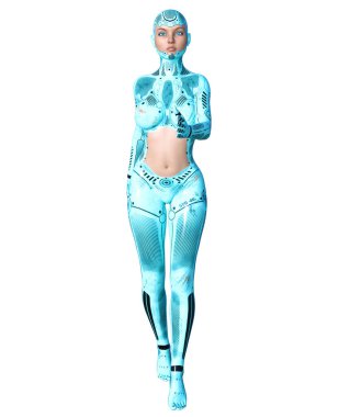 Dans eden robot kadın. Kadının yüzü mavi metal droid. Yapay zeka. Kavramsal moda sanat. Gerçekçi 3d render illüstrasyon. Stüdyo, ayrı tutma, yüksek anahtar.