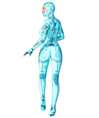 Dans eden robot kadın. Kadının yüzü mavi metal droid. Yapay zeka. Kavramsal moda sanat. Gerçekçi 3d render illüstrasyon. Stüdyo, ayrı tutma, yüksek anahtar.
