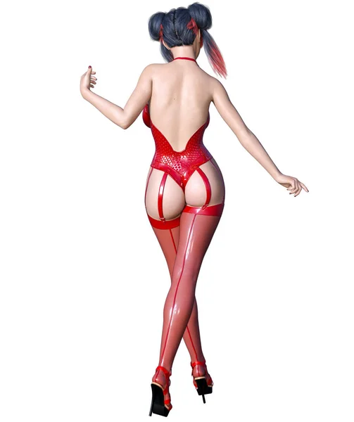 Bela Morena Sexy Menina Vermelho Látex Espartilho Stockings Minimalist Extravagante — Fotografia de Stock