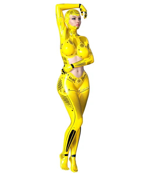 Mujer Robot Bailarina Droide Metal Amarillo Con Cara Mujer Inteligencia — Foto de Stock
