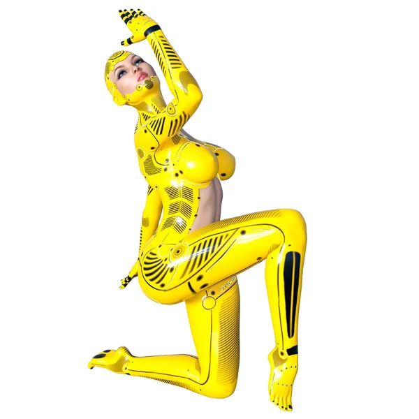Tanzende Roboterfrau Gelber Metalldroid Mit Frauengesicht Künstliche Intelligenz Konzeptuelle Modekunst — Stockfoto