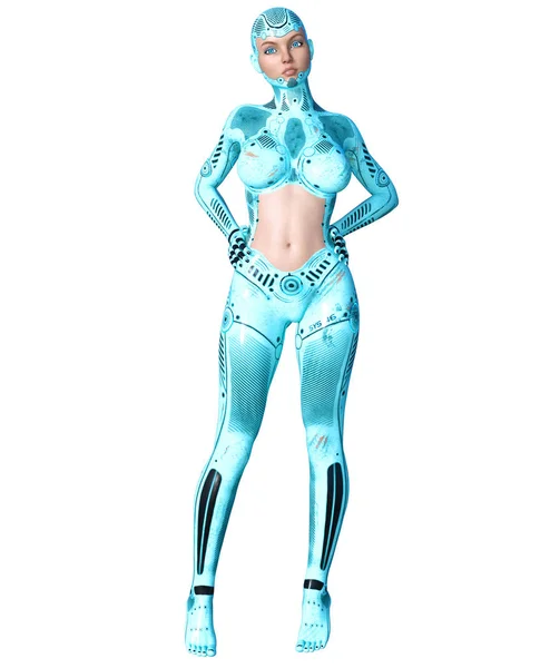 Dans Eden Robot Kadın Kadının Yüzü Mavi Metal Droid Yapay — Stok fotoğraf