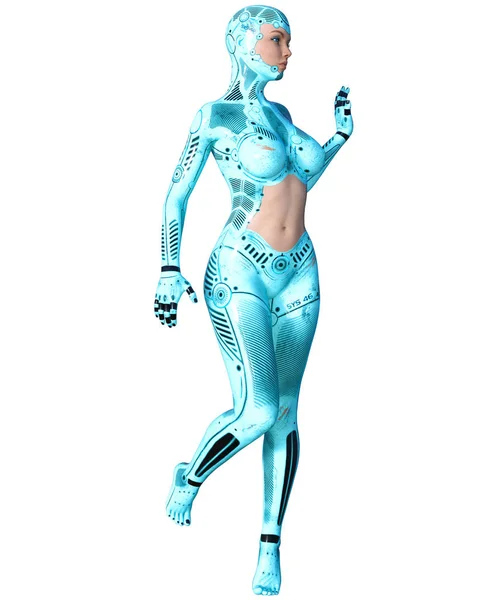 Donna Robot Danzante Droide Metallo Blu Con Faccia Donna Intelligenza — Foto Stock