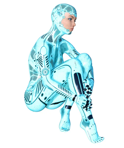 Donna Robot Danzante Droide Metallo Blu Con Faccia Donna Intelligenza — Foto Stock