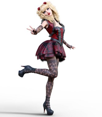 Genç güzel kız ile fotoğraf çekimi poz bebek surat. Kısa koyu kırmızı elbise, çorap, Ayakkabı. Uzun sarı saçlı. Parlak goth makyaj. Kavramsal moda sanat. Gerçekçi 3d render illüstrasyon.