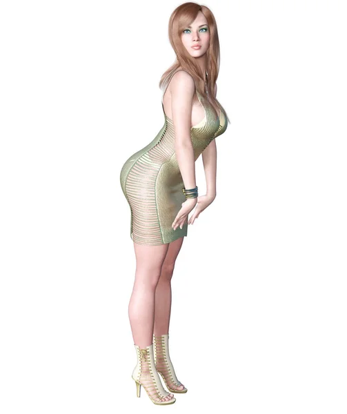Mujer Alta Sexy Vestido Verano Transparente Luz Oro Plata Arte — Foto de Stock