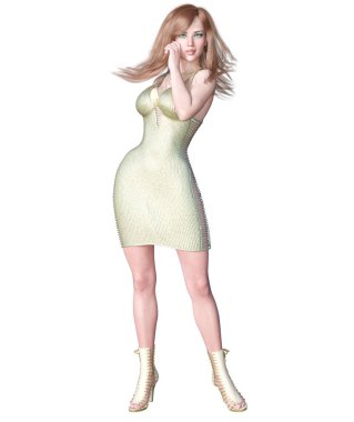 Altın-gümüş ışık şeffaf yazlık elbise uzun boylu seksi kadın. Kavramsal moda sanat. Baştan çıkarıcı samimi poz. Gerçekçi 3d render illüstrasyon. Stüdyo, yüksek anahtar.