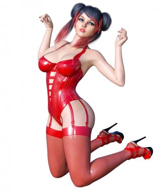 3D güzel seksi esmer kız kırmızı lateks çorap korse. Minimalist abartılı kıyafetler gelecek. Kadın stüdyo fotoğrafçılığı. Yüksek topuk. Kavramsal moda sanat. Baştan çıkarıcı samimi poz. Çizim oluşturma