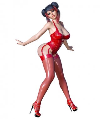 3D güzel seksi esmer kız kırmızı lateks çorap korse. Minimalist abartılı kıyafetler gelecek. Kadın stüdyo fotoğrafçılığı. Yüksek topuk. Kavramsal moda sanat. Baştan çıkarıcı samimi poz. Çizim oluşturma