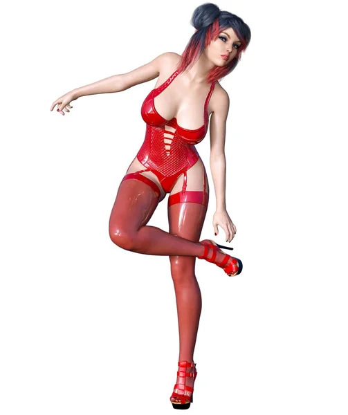 Bella Ragazza Bruna Sexy Rosso Lattice Corsetto Stockings Minimalist Stravaganti — Foto Stock