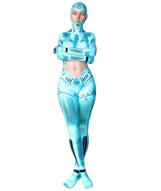 Dans eden robot kadın. Kadının yüzü mavi metal droid. Yapay zeka. Kavramsal moda sanat. Gerçekçi 3d render illüstrasyon. Stüdyo, ayrı tutma, yüksek anahtar.