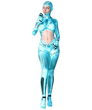 Dans eden robot kadın. Kadının yüzü mavi metal droid. Yapay zeka. Kavramsal moda sanat. Gerçekçi 3d render illüstrasyon. Stüdyo, ayrı tutma, yüksek anahtar.