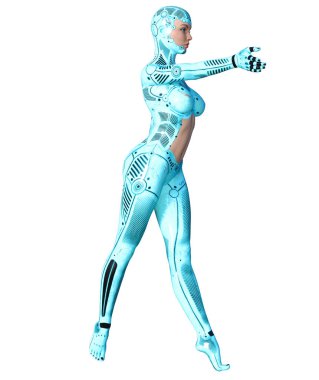 Dans eden robot kadın. Kadının yüzü mavi metal droid. Yapay zeka. Kavramsal moda sanat. Gerçekçi 3d render illüstrasyon. Stüdyo, ayrı tutma, yüksek anahtar.