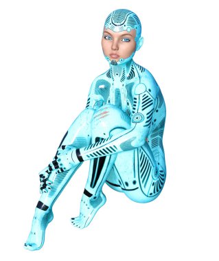 Dans eden robot kadın. Kadının yüzü mavi metal droid. Yapay zeka. Kavramsal moda sanat. Gerçekçi 3d render illüstrasyon. Stüdyo, ayrı tutma, yüksek anahtar.