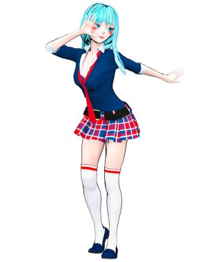 3D seksi anime bebek Japon anime schoolgirl büyük mavi gözleri ve parlak makyaj. Etek kafes. Çizgi film, çizgi roman, kroki, çizim, manga çizim. Kavramsal moda sanat. Baştan çıkarıcı samimi poz.