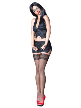 Siyah çorap uzun saçlı seksi esmer Sekreter. Gözlük stand ofis müstehcen poz güzel kızla. Gerçekçi 3d render illüstrasyon izole.