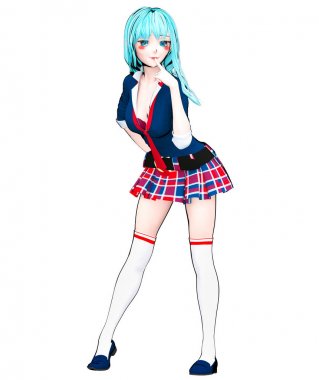 3D seksi anime bebek Japon anime schoolgirl büyük mavi gözleri ve parlak makyaj. Etek kafes. Çizgi film, çizgi roman, kroki, çizim, manga çizim. Kavramsal moda sanat. Baştan çıkarıcı samimi poz.