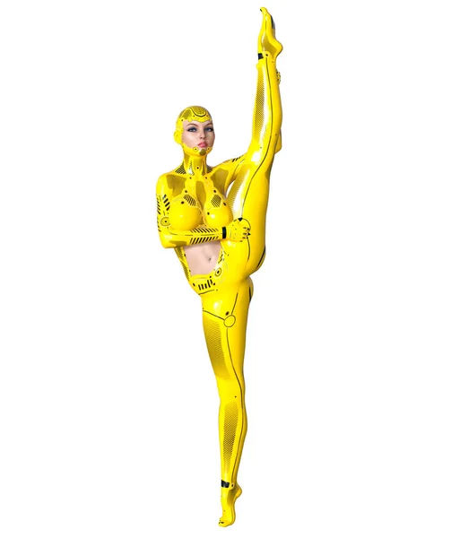 ダンス ロボットの女性 女性の顔に黄色の金属ドロイド 人工知能 概念的なファッション アート リアルな レンダリングの図です スタジオ 高いキー — ストック写真
