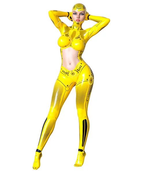 Dancing Robot Woman Yellow Metal Droid Woman Face Artificial Intelligence — Stock Photo, Image