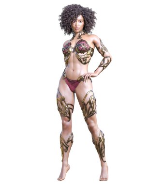 Savaşçı amazon kadını. Uzun siyah saçlı. Kaslı atletik vücut. Kız ayakta samimi kışkırtıcı poz. Kavramsal moda sanat. Gerçekçi 3d render illüstrasyon izole et. Merhaba anahtar.