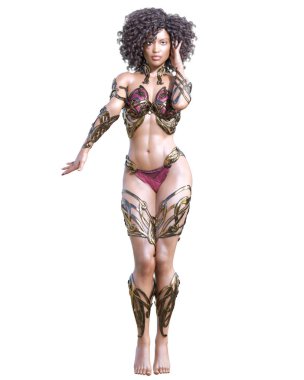 Savaşçı amazon kadını. Uzun siyah saçlı. Kaslı atletik vücut. Kız ayakta samimi kışkırtıcı poz. Kavramsal moda sanat. Gerçekçi 3d render illüstrasyon izole et. Merhaba anahtar.