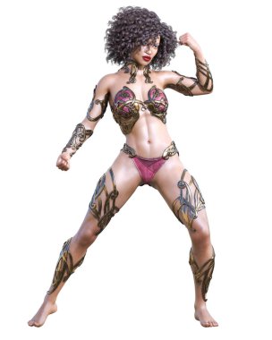 Savaşçı amazon kadını. Uzun siyah saçlı. Kaslı atletik vücut. Kız ayakta samimi kışkırtıcı poz. Kavramsal moda sanat. Gerçekçi 3d render illüstrasyon izole et. Merhaba anahtar.