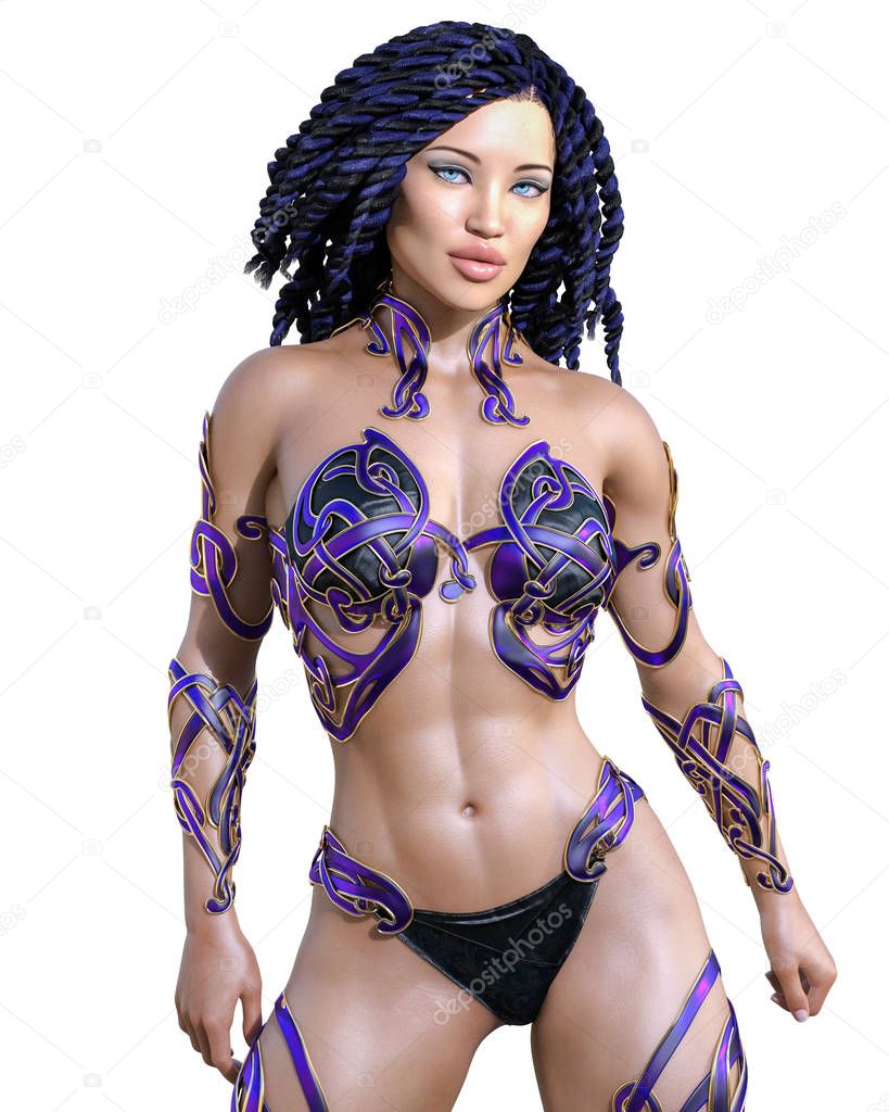 Warrior amazon woman. Long dark hair. Muscular athletic body. Girl standing candid provocative pose. Conceptual fashion art. Realistic 3D rendering isolate illustration. Hi key.