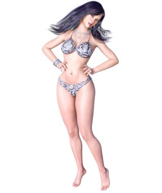 3D güzel koyu saçlı kadın mayo bikini. Yaz dinlenme. Kavramsal moda sanat. Baştan çıkarıcı samimi poz. Gerçekçi render illüstrasyon. İzole