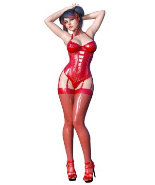 3D güzel seksi esmer kız kırmızı lateks çorap korse. Minimalist abartılı kıyafetler gelecek. Kadın stüdyo fotoğrafçılığı. Yüksek topuk. Kavramsal moda sanat. Baştan çıkarıcı samimi poz. Çizim oluşturma