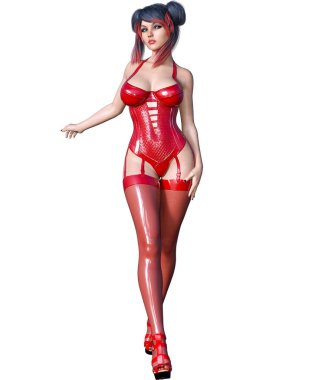 3D güzel seksi esmer kız kırmızı lateks çorap korse. Minimalist abartılı kıyafetler gelecek. Kadın stüdyo fotoğrafçılığı. Yüksek topuk. Kavramsal moda sanat. Baştan çıkarıcı samimi poz. Çizim oluşturma