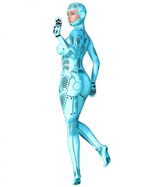 Robot kadın. Kadının yüzüne ile metal droid. Yapay zeka. Kavramsal moda sanat. Gerçekçi 3d render illüstrasyon. Stüdyo, ayrı tutma, yüksek anahtar.