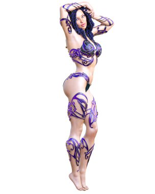 Savaşçı amazon kadını. Uzun siyah saçlı. Kaslı atletik vücut. Kız ayakta samimi kışkırtıcı poz. Kavramsal moda sanat. Gerçekçi 3d render illüstrasyon izole et. Merhaba anahtar.