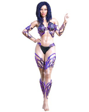 Savaşçı amazon kadını. Uzun siyah saçlı. Kaslı atletik vücut. Kız ayakta samimi kışkırtıcı poz. Kavramsal moda sanat. Gerçekçi 3d render illüstrasyon izole et. Merhaba anahtar.